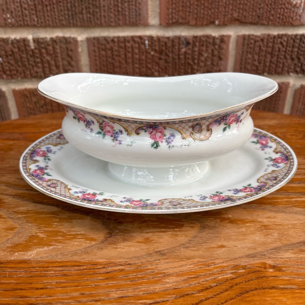 Vintage Victoria Czecho-slovakia Gravy boat  Pattern Pink Roses and gold basket